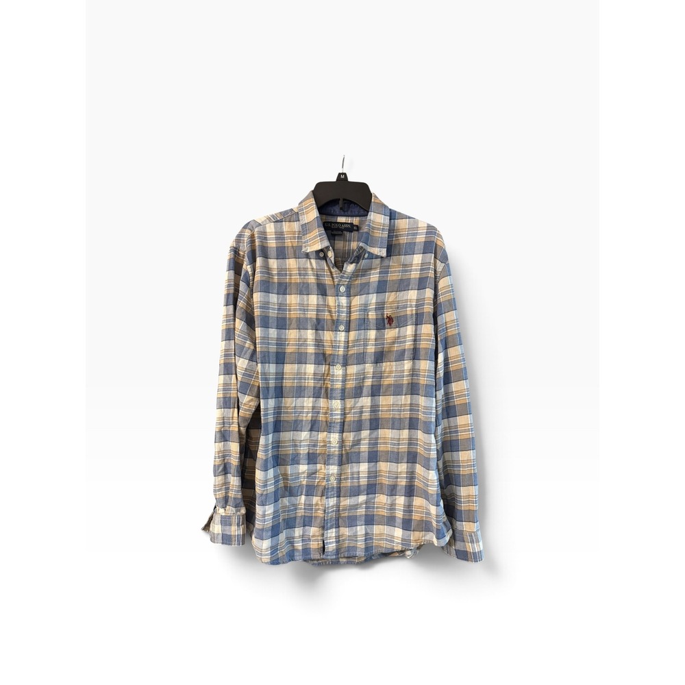 US Polo Assn Mens XL Long Sleeve Plaid Button Down Shirt Blue Tan Cotton